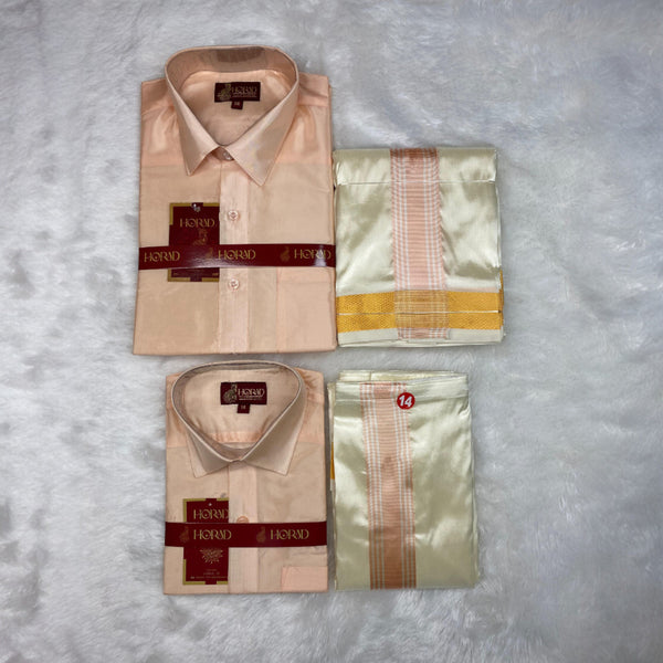 Horad Premium Art Silk Dad and Son RoseGold Shirt + Cream with RoseGold+Gold Border Dhoti