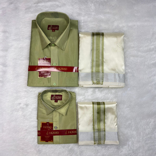 Horad Premium Art Silk Dad and Son FIR.Green Shirt + Cream with FIR.Green+Silver Border Dhoti