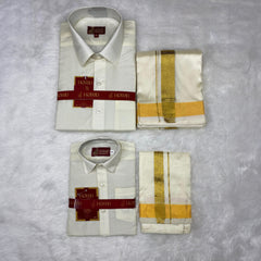 Horad Premium Art Silk Dad and Son Cream Shirt + Cream with Gold Dhoti