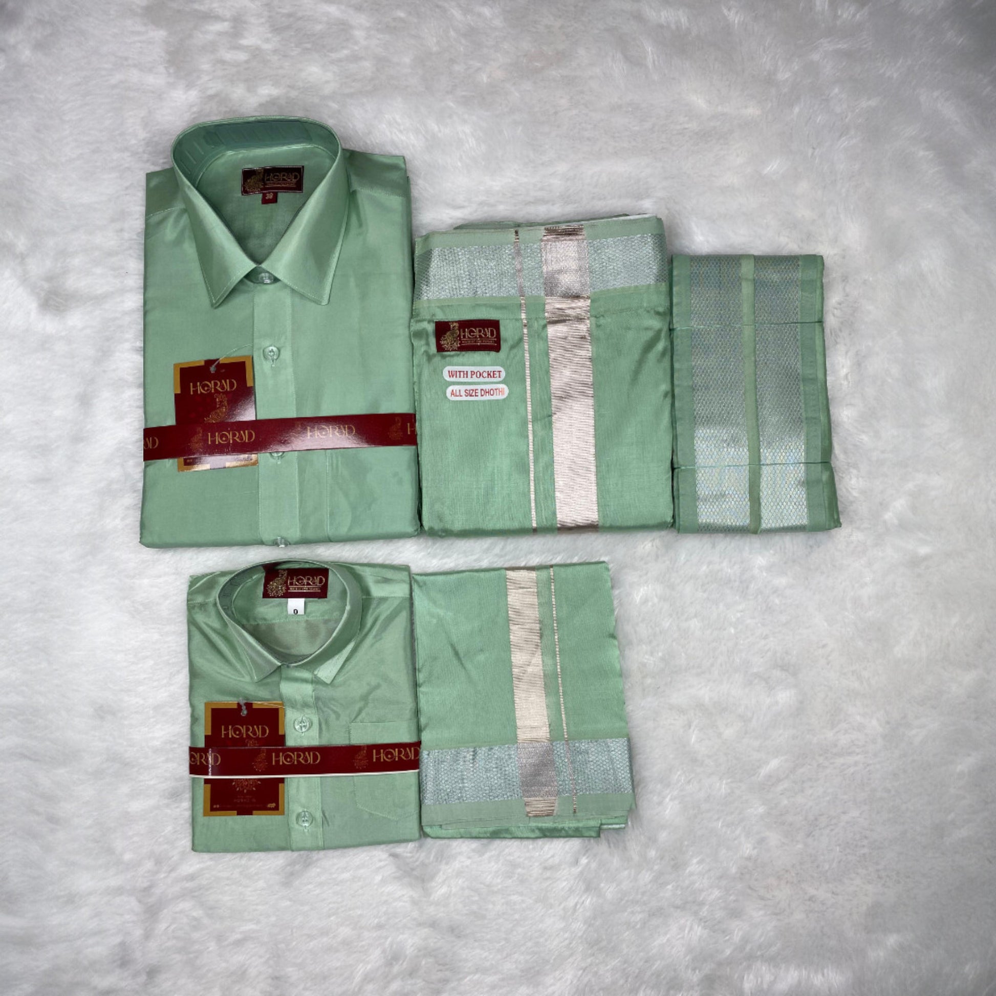 Horad Premium Art Silk Dad and Son Pista Green Shirt Welcro Dhoti Angavastram