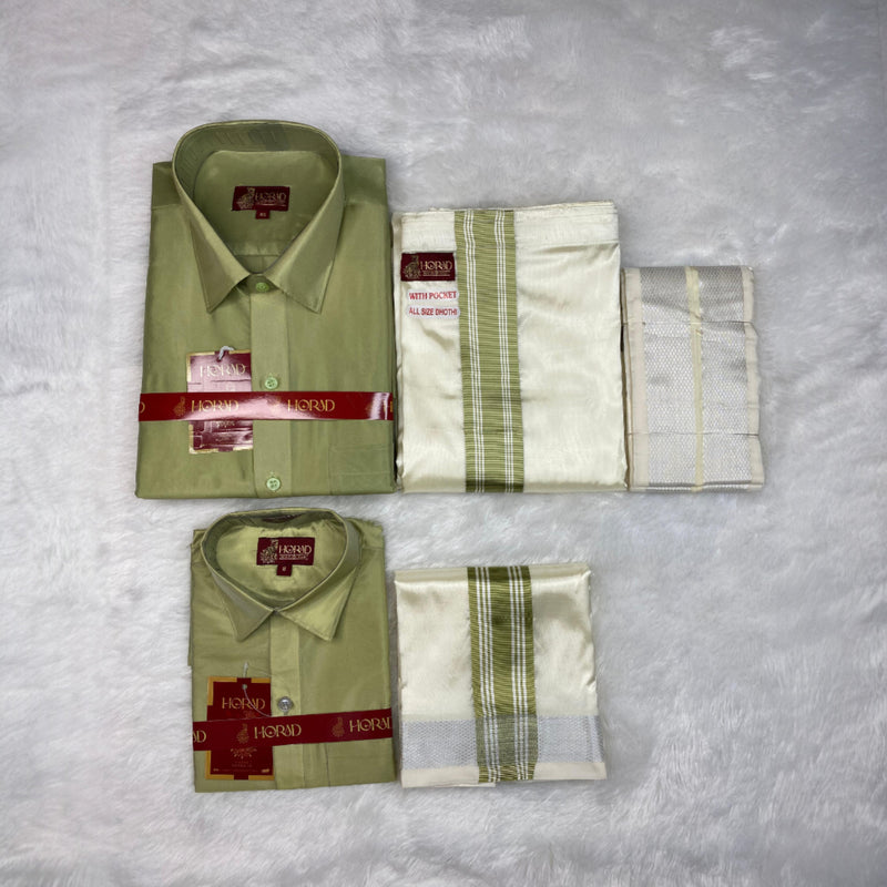 Horad Premium Art Silk Dad and Son FIR.Green Shirt + Cream with FIR.Green+Silver Border Welcro Dhoti + Angavastram