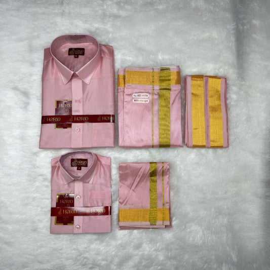 Horad Premium Art Silk Dad and Son Petal Pink Shirt + Welcro Dhoti + Angavastram