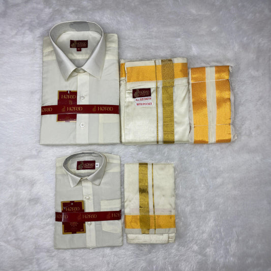 Horad Premium Art Silk Dad and Son Cream Shirt + Cream with Gold Welcro Dhoti + Angavastram