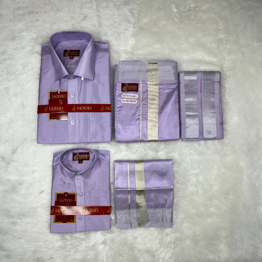 Horad Premium Art Silk Dad and Son Lavender Shirt + Welcro Dhoti + Angavastram