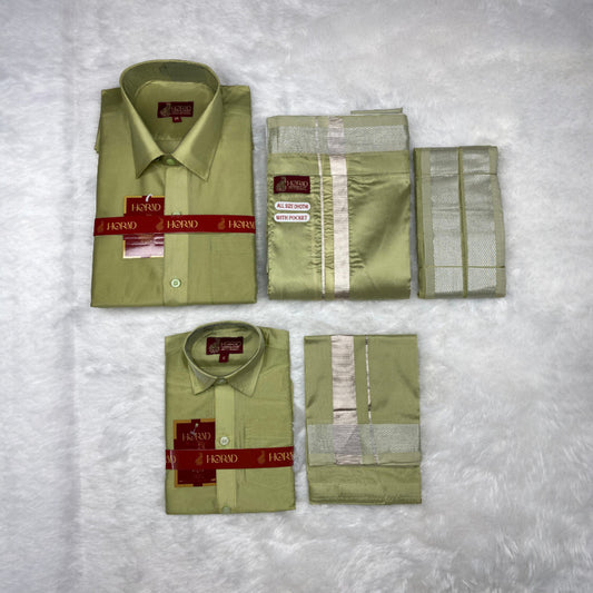 Horad Premium Art Silk Dad and Son FIR.Green Shirt + Welcro Dhoti + Angavastram
