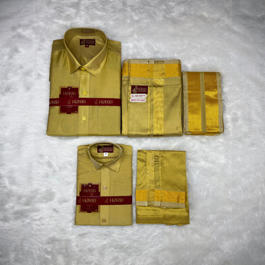 Horad Premium Art Silk Dad and Son Dark Gold Shirt + Welcro Dhoti + Angavastram