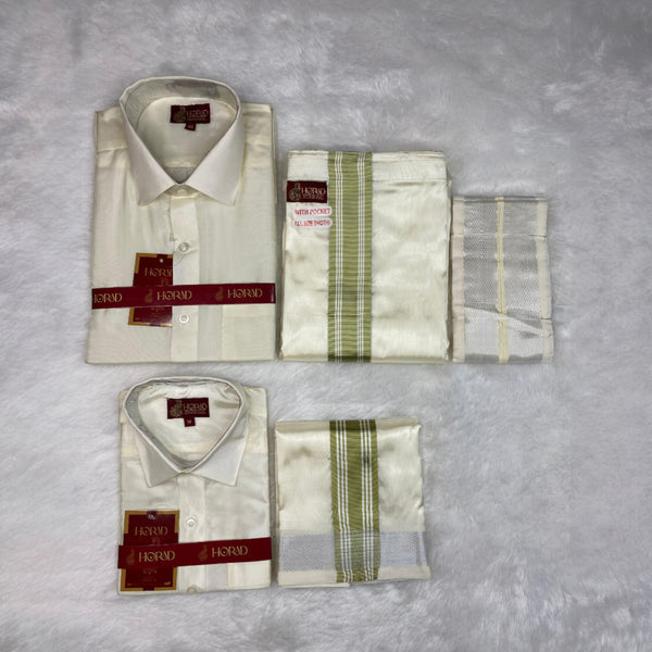 Horad Premium Art Silk Dad and Son Cream Shirt + Cream with FIR.Green+Silver Border Welcro Dhoti + Angavastram