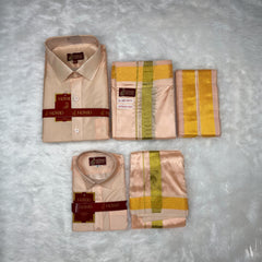 Horad Premium Art Silk Dad and Son Rose Gold Shirt + Welcro Dhoti + Angavastram