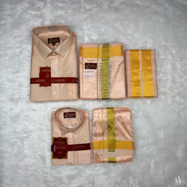 Horad Premium Art Silk Dad and Son Rose Gold Shirt + Welcro Dhoti + Angavastram