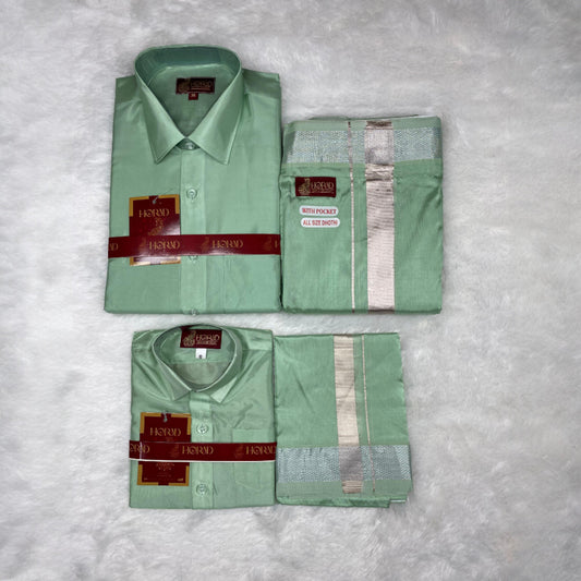 Horad Premium Art Silk Dad and Son Pista Green Shirt + Welcro Dhoti