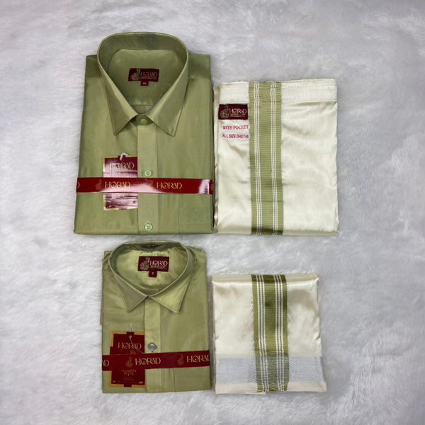 Horad Premium Art Silk Dad and Son FIR.Green Shirt + Cream with FIR.Green+Silver Border Welcro Dhoti