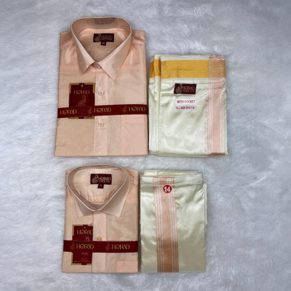 Horad Premium Art Silk Dad and Son RoseGold Shirt + Cream with RoseGold+Gold Border Welcro Dhoti