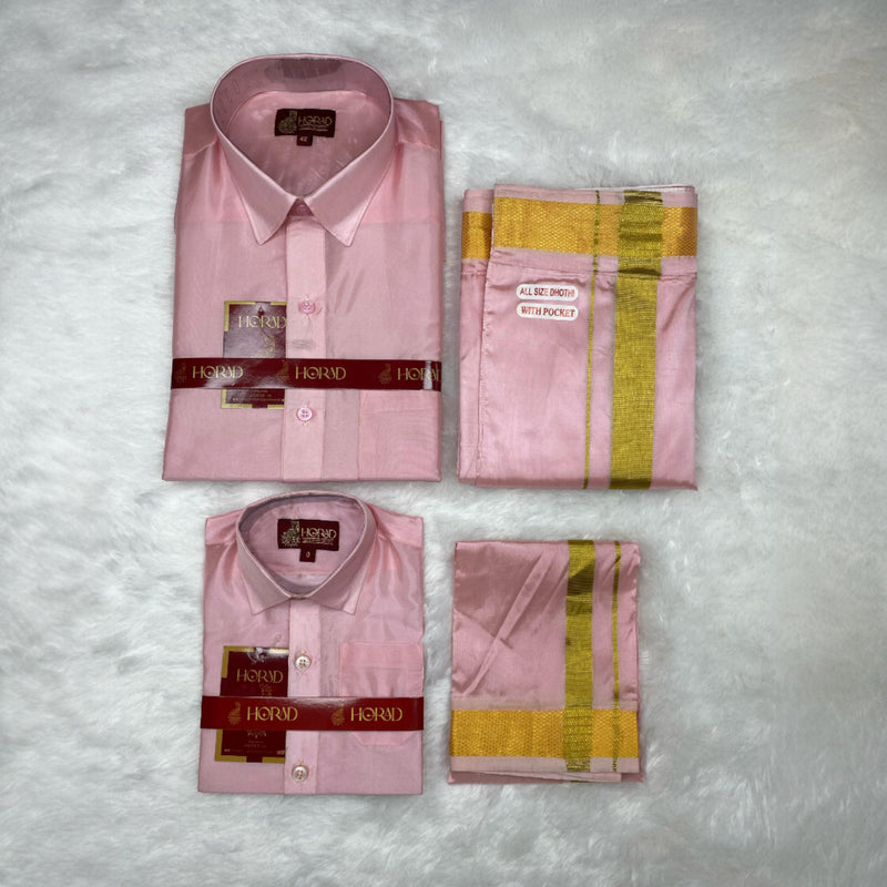 Horad Premium Art Silk Dad and Son Petal Pink Shirt + Welcro Dhoti