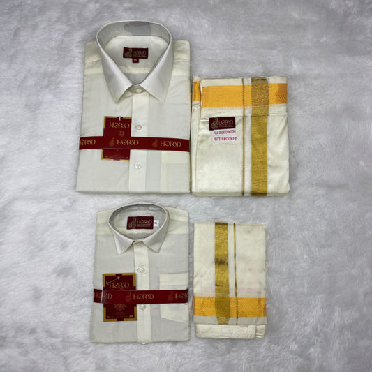 Horad Premium Art Silk Dad and Son Cream Shirt + Cream with Gold Welcro Dhoti