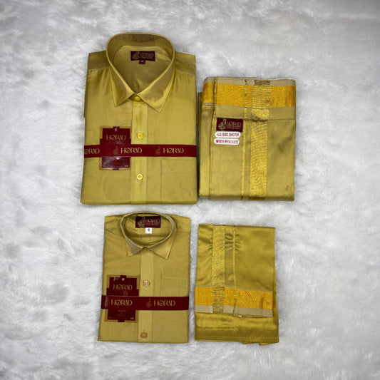 Horad Premium Art Silk Dad and Son Dark Gold Shirt + Welcro Dhoti