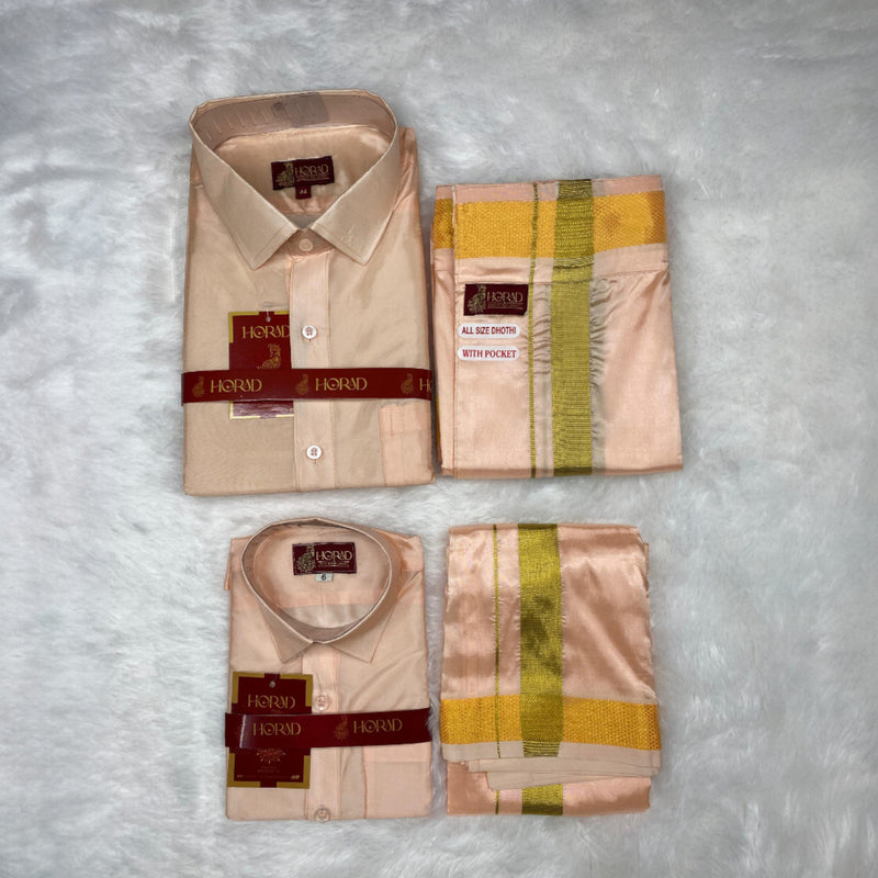 Horad Premium Art Silk Dad and Son Rose Gold Shirt + Welcro Dhoti
