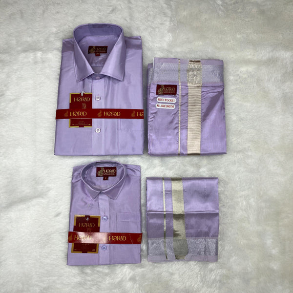 Horad Premium Art Silk Dad and Son Lavender Shirt + Welcro Dhoti