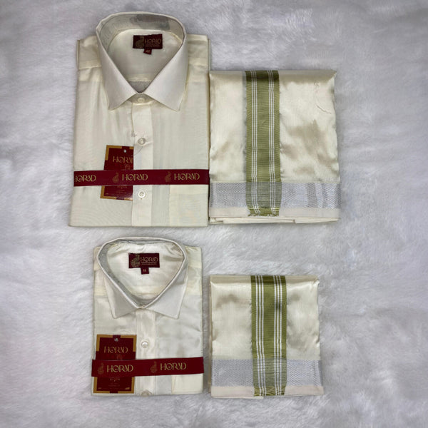 Horad Premium Art Silk Dad and Son Cream Shirt + Cream with FIR.Green+Silver Border Dhoti