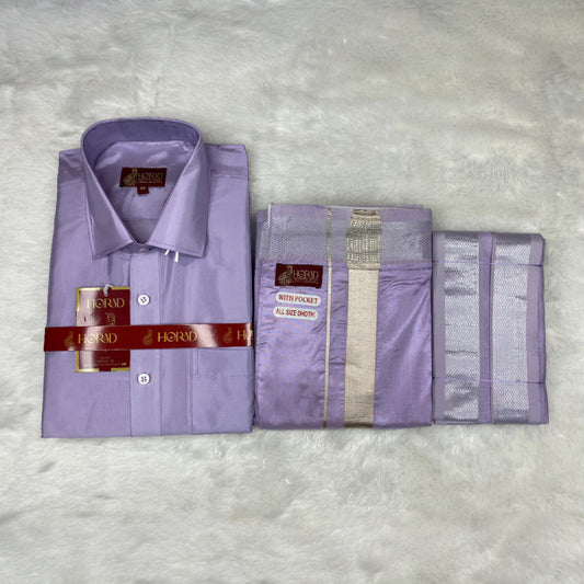 Horad Premium Art Silk Lavender Shirt + Welcro Dhoti + Angavastram