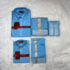 Horad Premium Art Silk Dad and Son Sky Blue Shirt + Dhoti + Angavastram