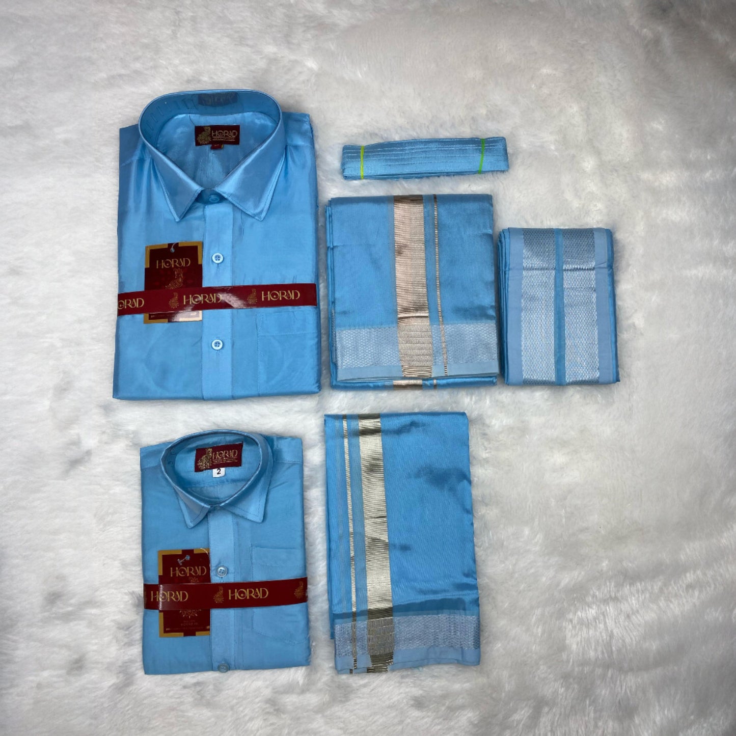 Horad Premium Art Silk Dad and Son Sky Blue Shirt + Dhoti + Angavastram + Belt