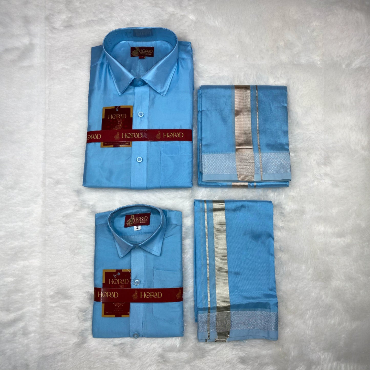Horad Premium Art Silk Dad and Son Sky Blue Shirt + Dhoti