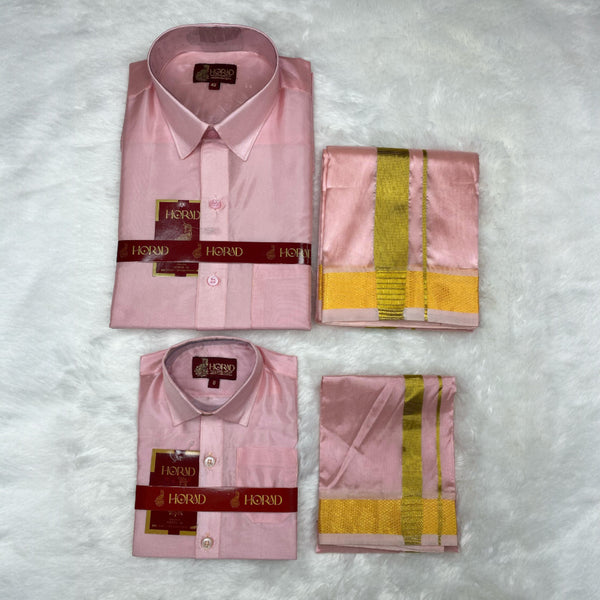 Horad Premium Art Silk Dad and Son Petal Pink Shirt + Dhoti