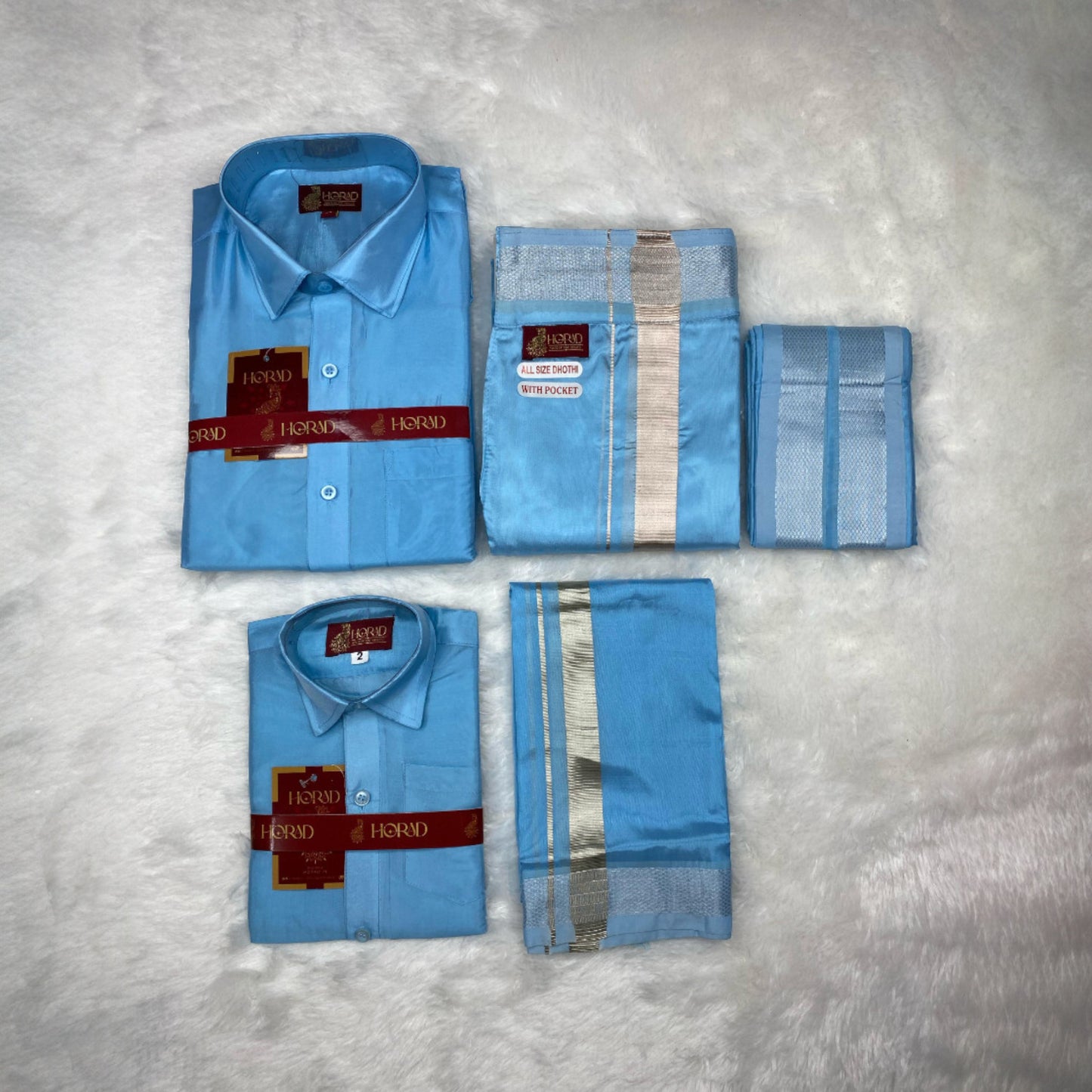 Horad Premium Art Silk Dad and Son Sky Blue Shirt + Welcro Dhoti + Angavastram