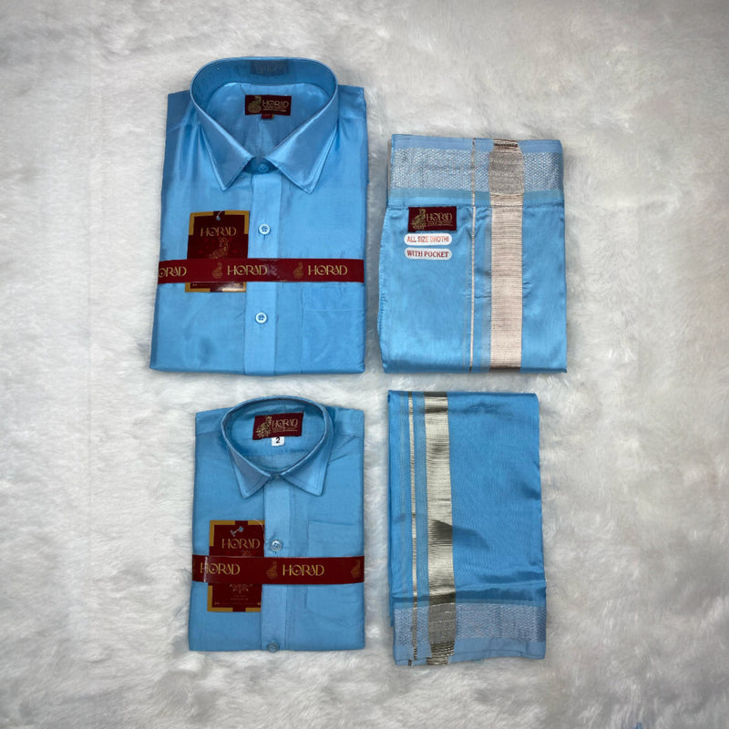 Horad Premium Art Silk Dad and Son Sky Blue Shirt + Welcro Dhoti