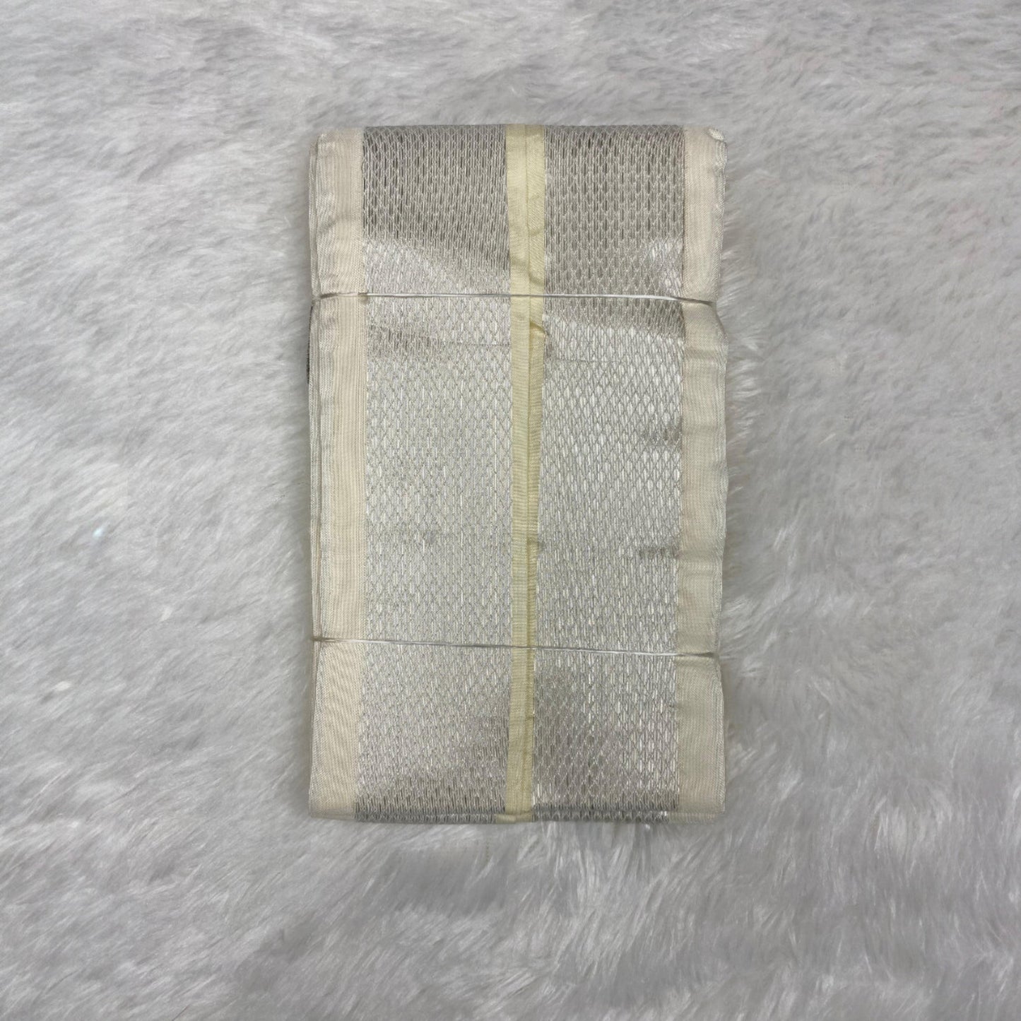 HORAD Premium Art Silk Cream with FIR.Green+Silver Border Welcro Dhoti with Cream Shirt Material + Angavastram