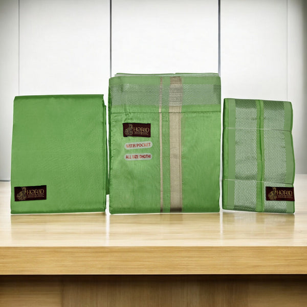 HORAD Premium Art Silk Apple Green Welcro Dhoti with Shirt Material + Angavastram