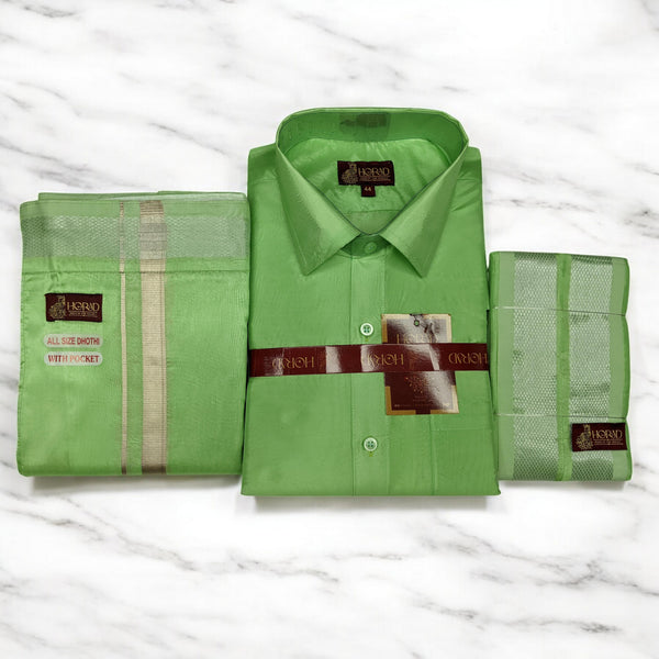Horad Premium Art Silk Apple Green Shirt + Welcro Dhoti + Angavastram