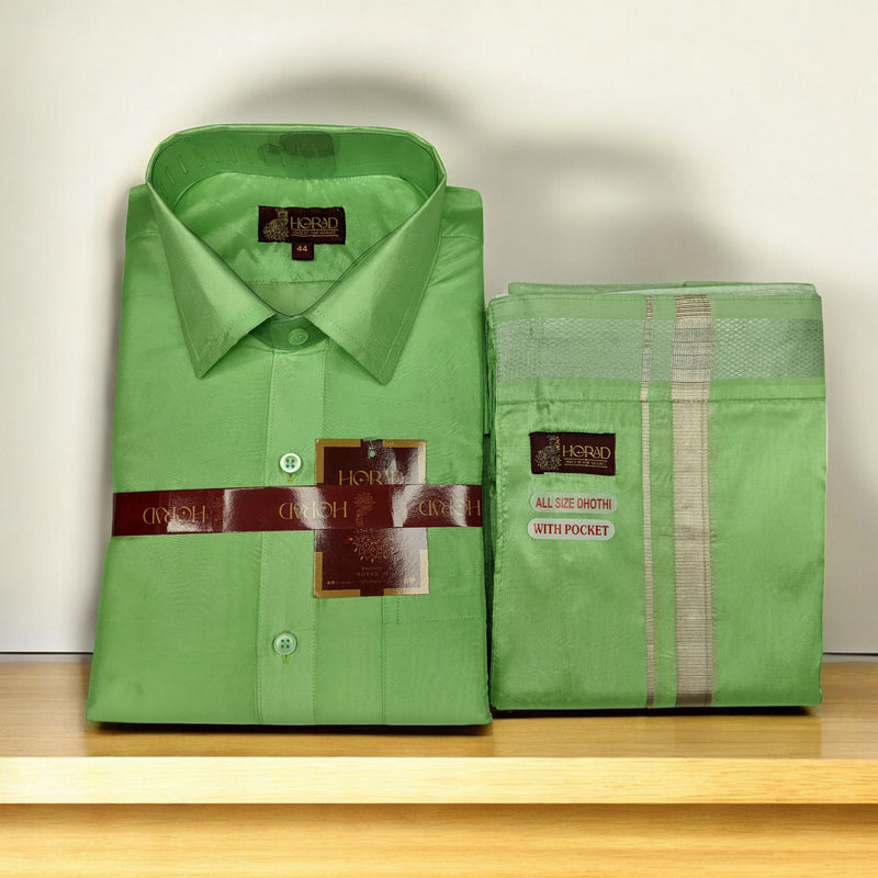 Horad Premium Art Silk Apple Green Shirt + Welcro Dhoti
