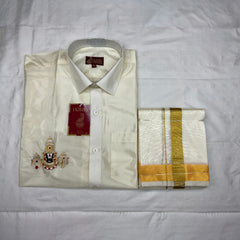 Horad Premium Art Silk Cream Balaji Embroidery Shirt + Cream with Gold Border Dhoti