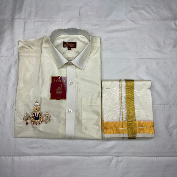 Horad Premium Art Silk Cream Balaji Embroidery Shirt + Cream with Gold Border Dhoti