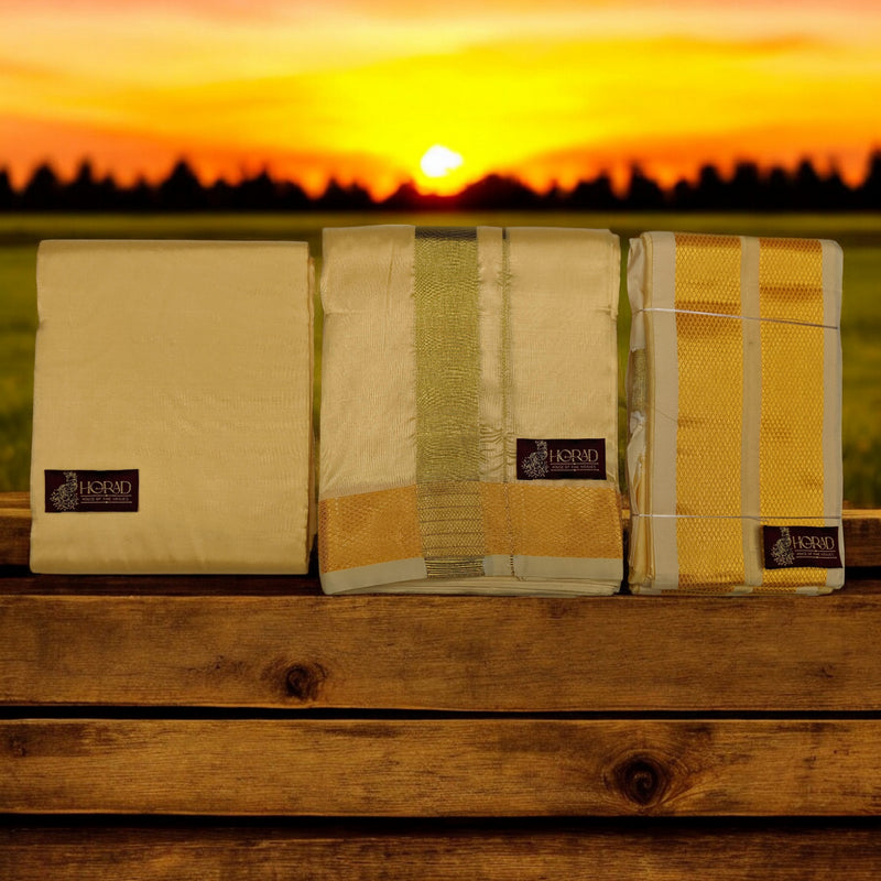 HORAD Premium Art Silk Champagne Dhoti with Shirt Material + Angavastram