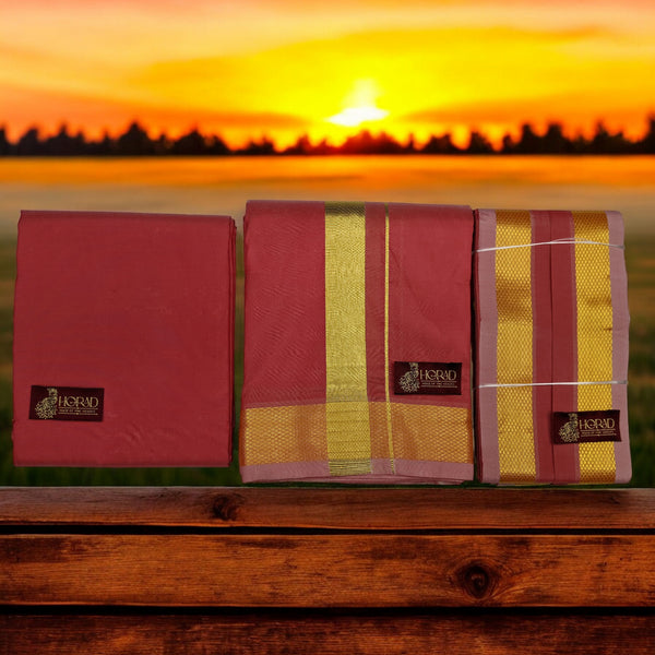 HORAD Premium Art Silk Chiili Red Dhoti with Shirt Material + Angavastram