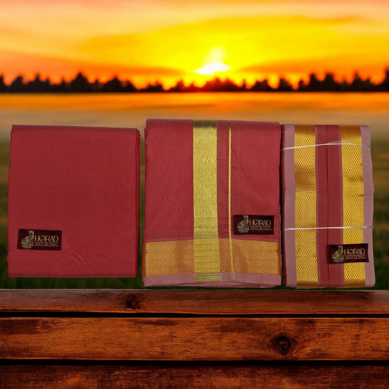 HORAD Premium Art Silk Chiili Red Dhoti with Shirt Material + Angavastram