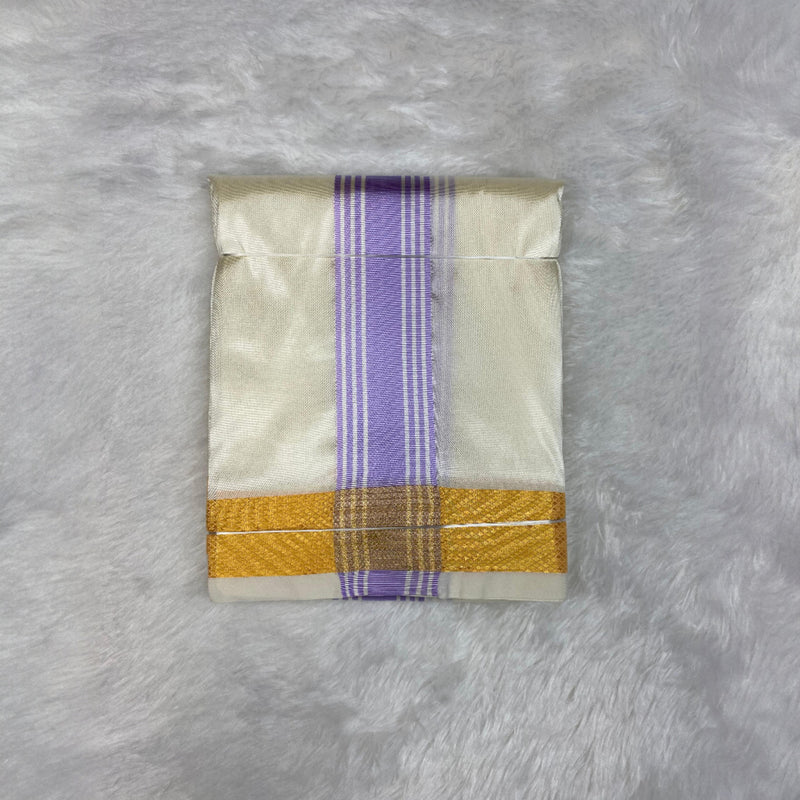 Horad Premium Art Silk Cream Shirt + Cream with Lavender+Gold Border Dhoti + Angavastram + Belt