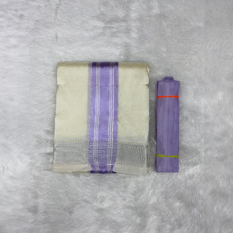 HORAD Premium Art Silk Cream with Lavender+Silver Border Dhoti + Belt