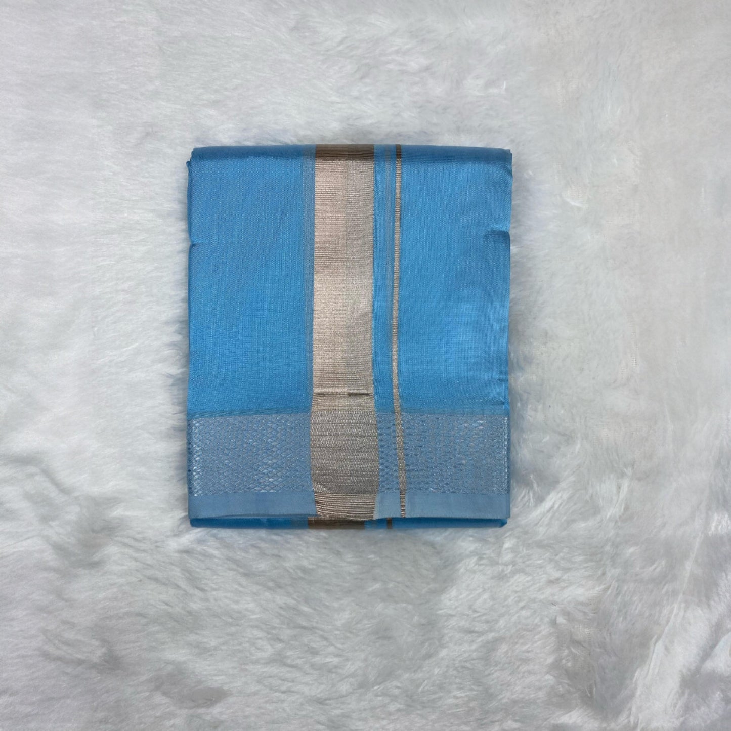 HORAD Premium Art Silk Sky Blue Dhoti + Angavastram + Belt (8X4)