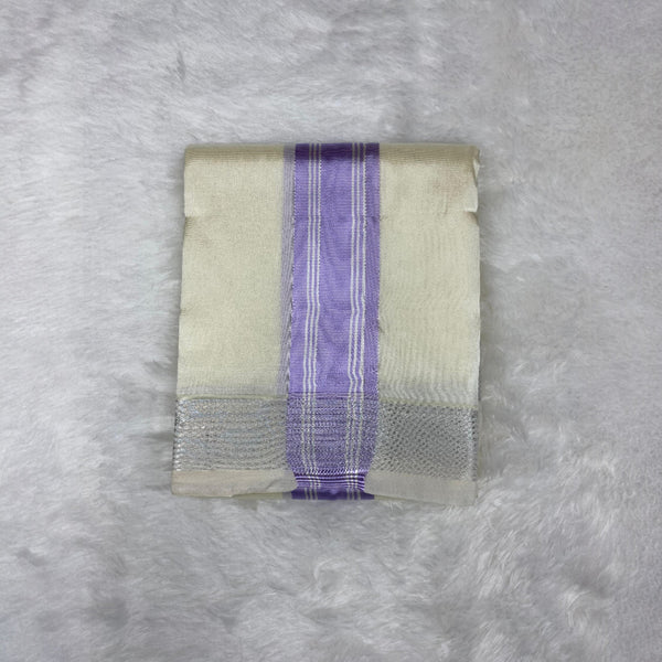 HORAD Premium Art Silk Cream with Lavender+Silver Border Dhoti