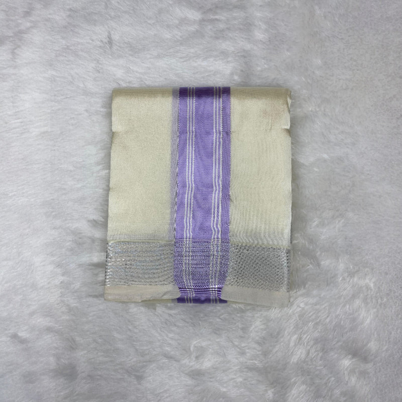 HORAD Premium Art Silk Cream with Lavender+Silver Border Dhoti + Belt