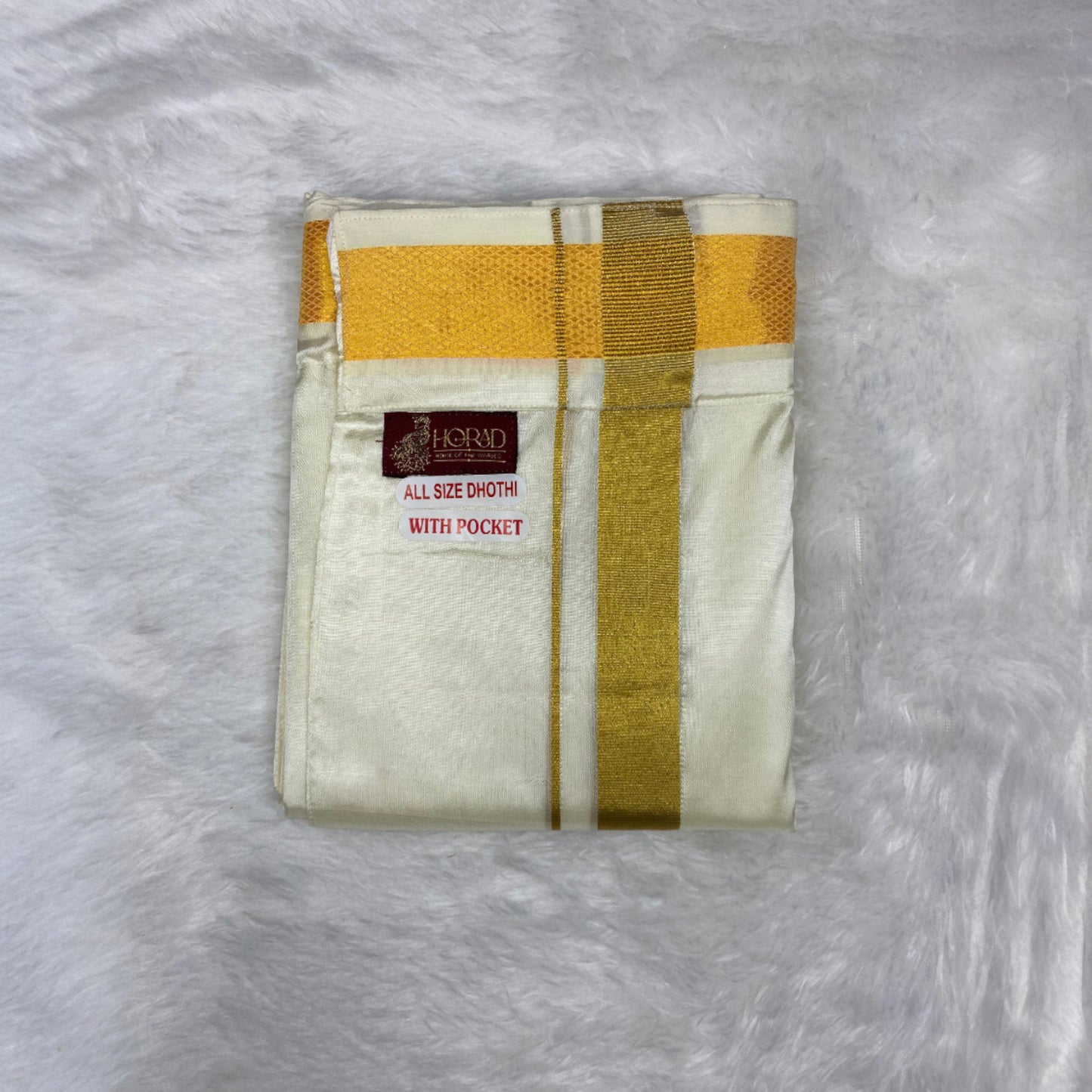 Horad Premium Art Silk Cream Balaji Embroidery Shirt + Cream with Gold Border Welcro Dhoti + Angavastram