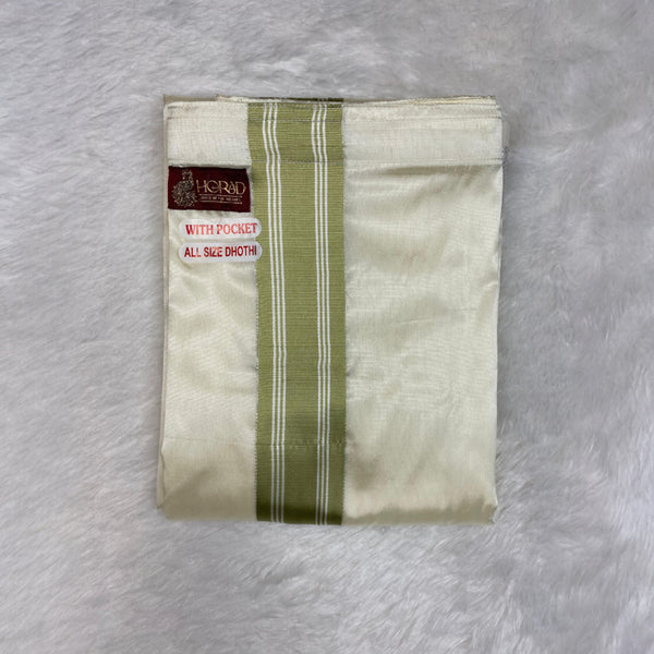 Horad Premium Art Silk Dad and Son Cream Shirt + Cream with FIR.Green+Silver Border Welcro Dhoti