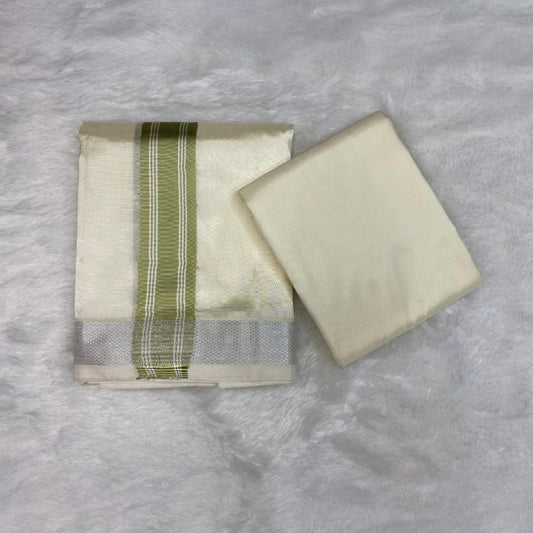 HORAD Premium Art Silk Cream with FIR.Green+Silver Border Dhoti with Cream Shirt Material