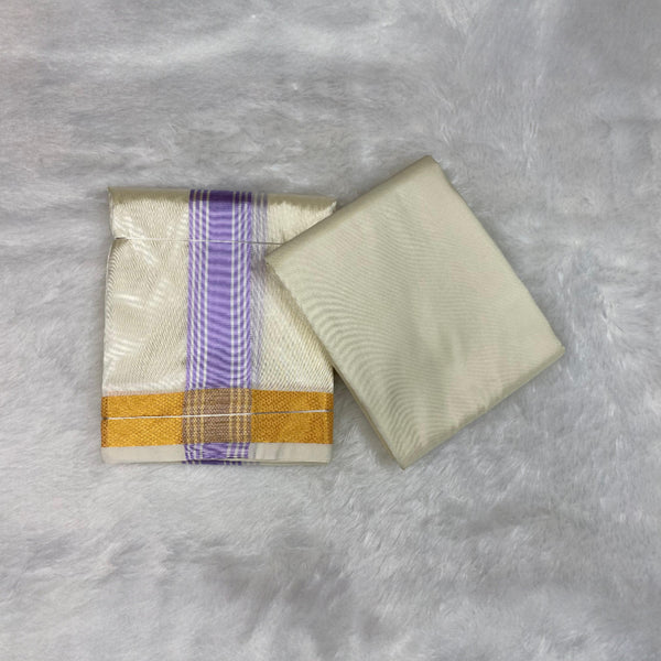 HORAD Premium Art Silk Cream with Lavender+Gold Border Dhoti with Cream Shirt Material