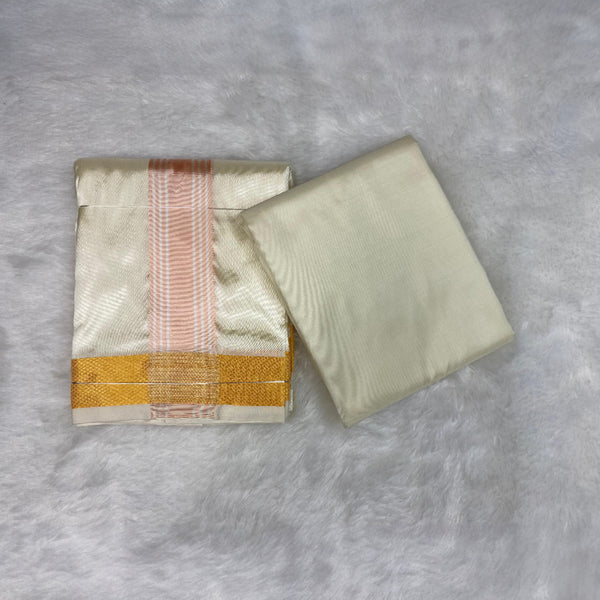 HORAD Premium Art Silk Cream with RoseGold+Gold Border Dhoti with Cream Shirt Material