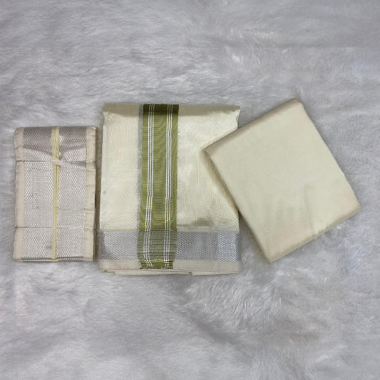 HORAD Premium Art Silk Cream with FIR.Green+Silver Border Dhoti with Cream Shirt Material + Angavastram