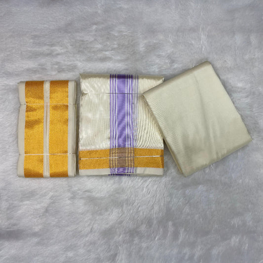 HORAD Premium Art Silk Cream with Lavender+Gold Border Dhoti with Cream Shirt Material + Angavastram